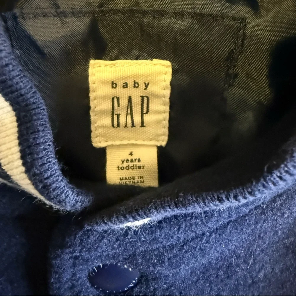 GAP Kids Varsity Jacket Boys 4T Blue Varsity Bomber Wool Blend Snap Front Lined